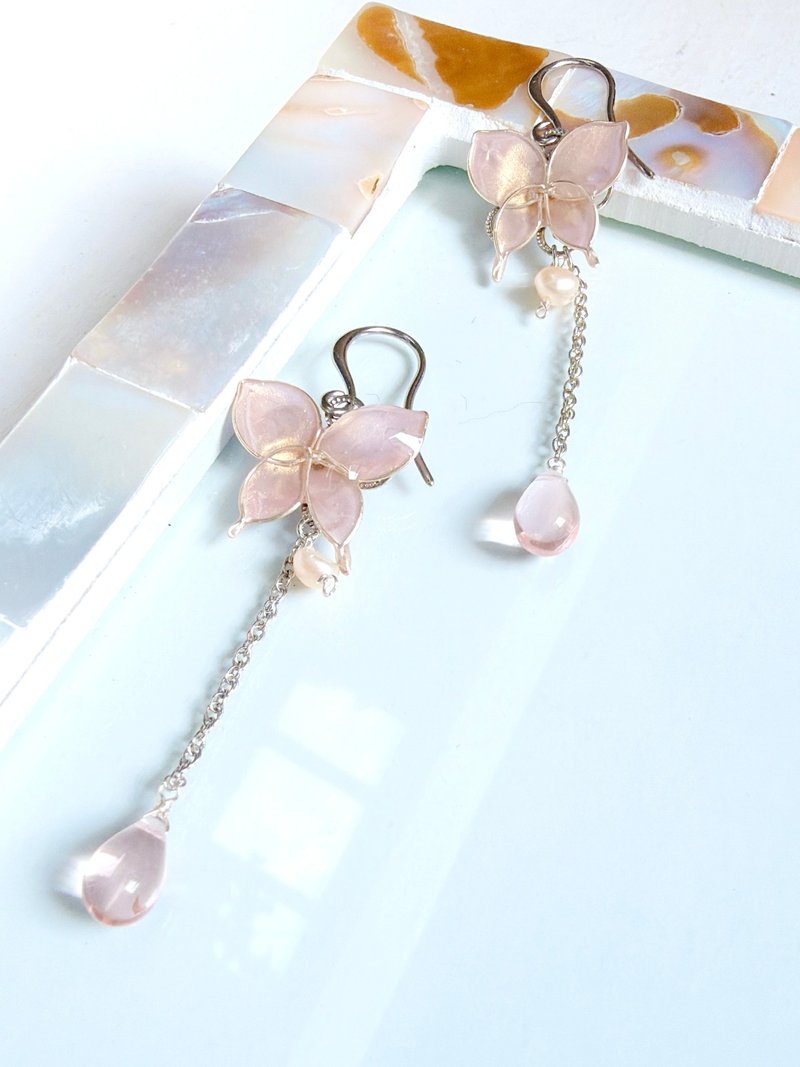 蝶舞丝带绕丝艺术耳夹 (玫瑰粉珍珠) 医疗级不锈钢 316_0061 - 耳环/耳夹 - 珍珠 粉红色