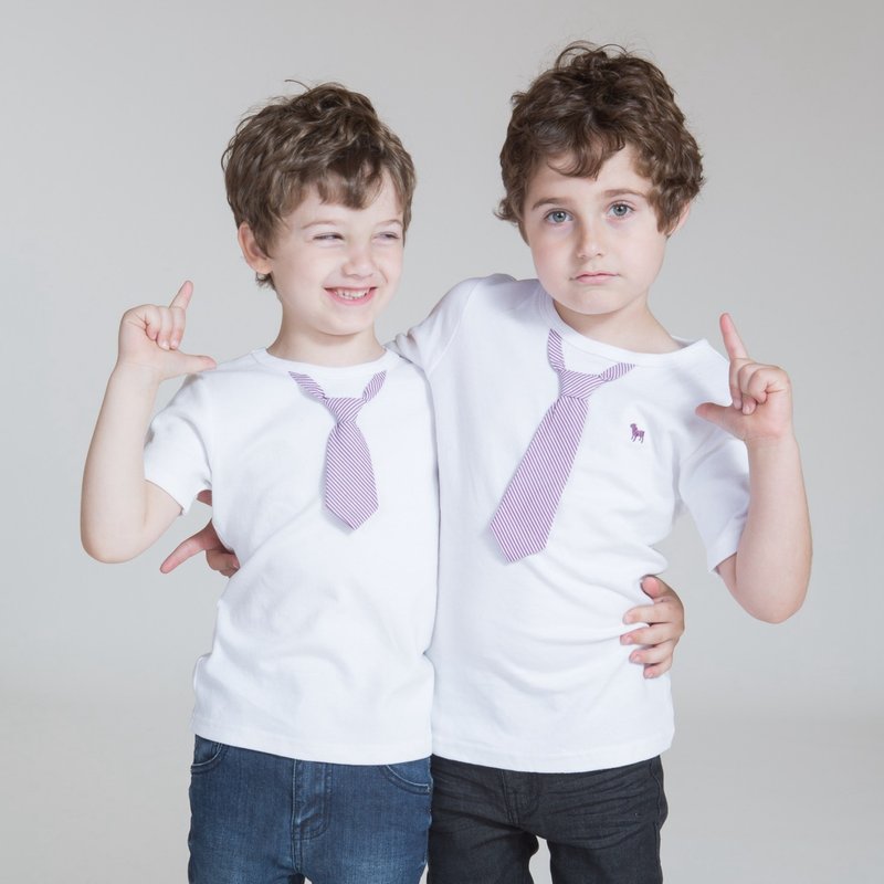 【出清品】美国Frenchie MC 男童短袖上衣-小雅痞紫条纹领带(白) - 童装上衣 - 棉．麻 白色