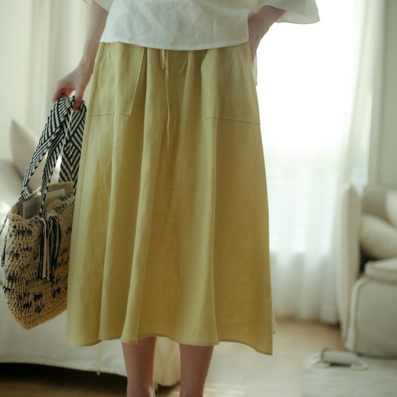 安妮陈100亚麻松紧腰半身裙 女夏新款梨型身材遮胯高级感a字大摆 - 裙子 - 其他材质 多色