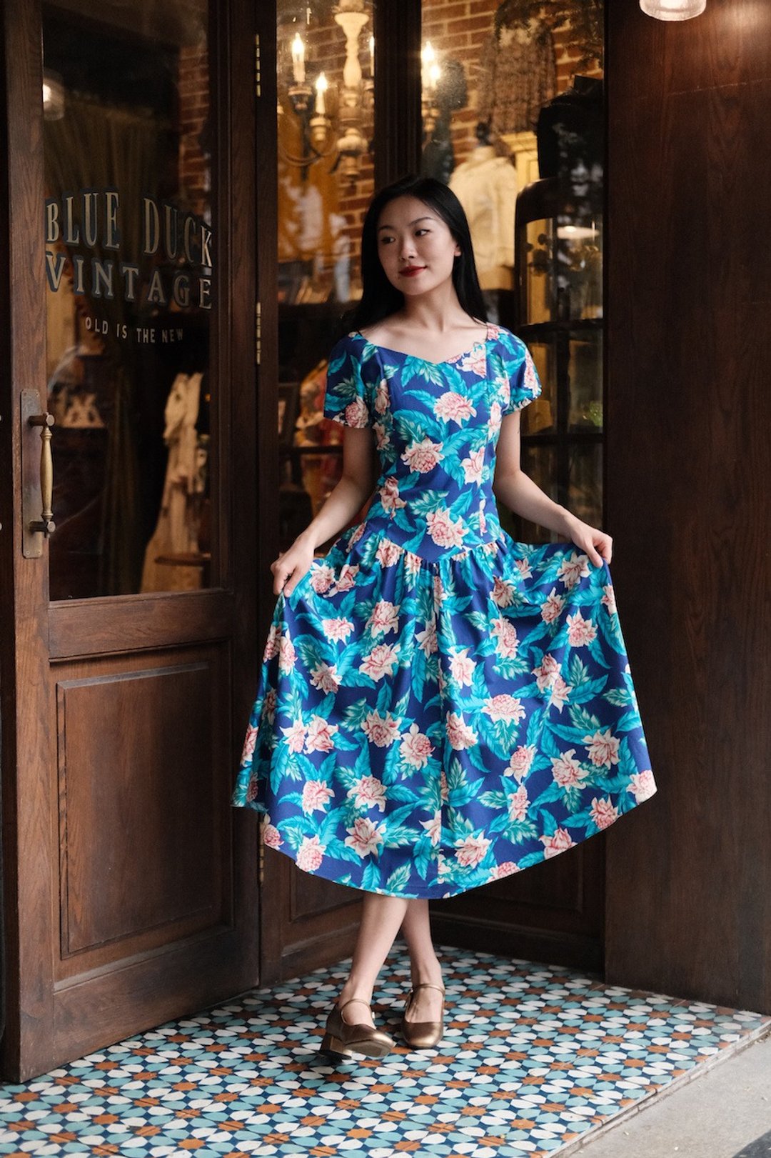 Vintage dress美国制夏威夷印花连衣裙古着复古女生穿搭 - 洋装/连衣裙 - 棉．麻 
