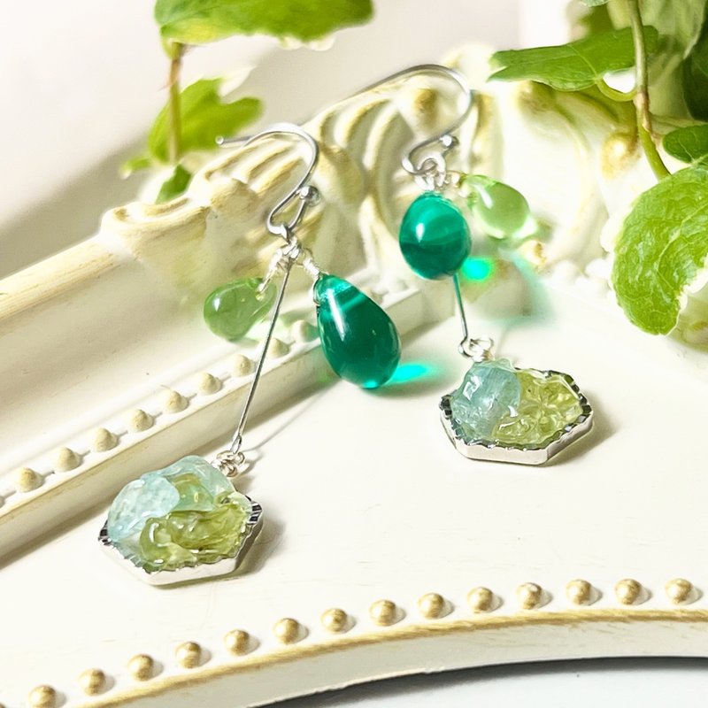 天然石橄榄石/磷灰石六角形泪珠手术不锈钢0 0018 - 耳环/耳夹 - 半宝石 绿色