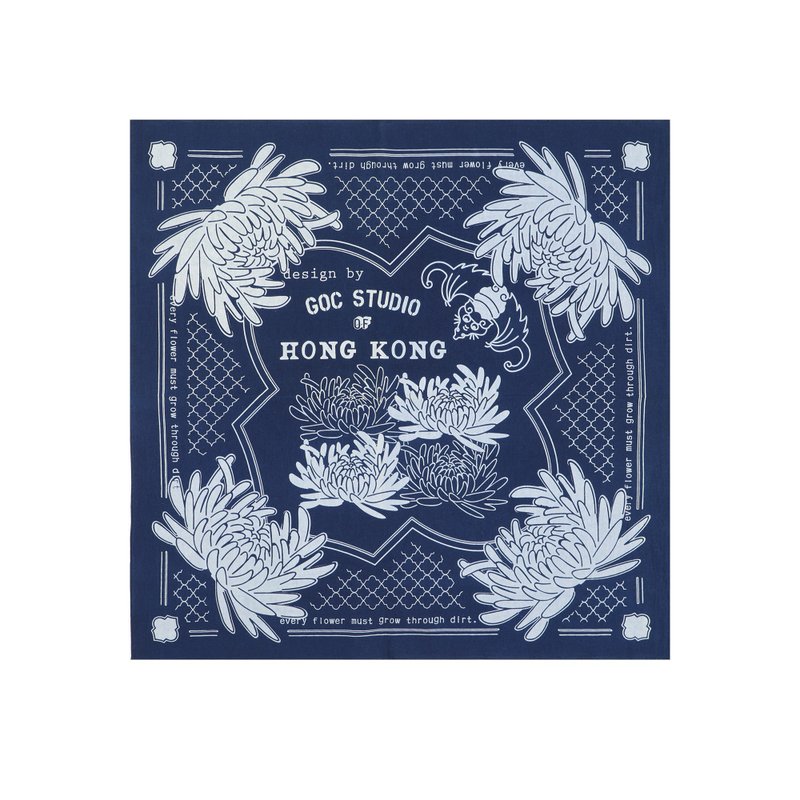 GOC Studio 手工蓝染 传统拔印 幸运蝠鼠招财菊花 头巾围巾挂巾 - 围巾/披肩 - 棉．麻 蓝色