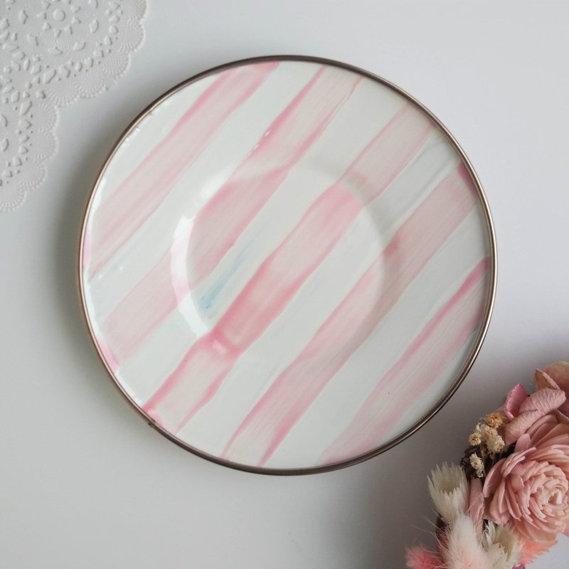 糖果粉条纹彩绘珐琅盘 附圣诞礼物包装 - 浅碟/小碟子 - 珐琅 粉红色