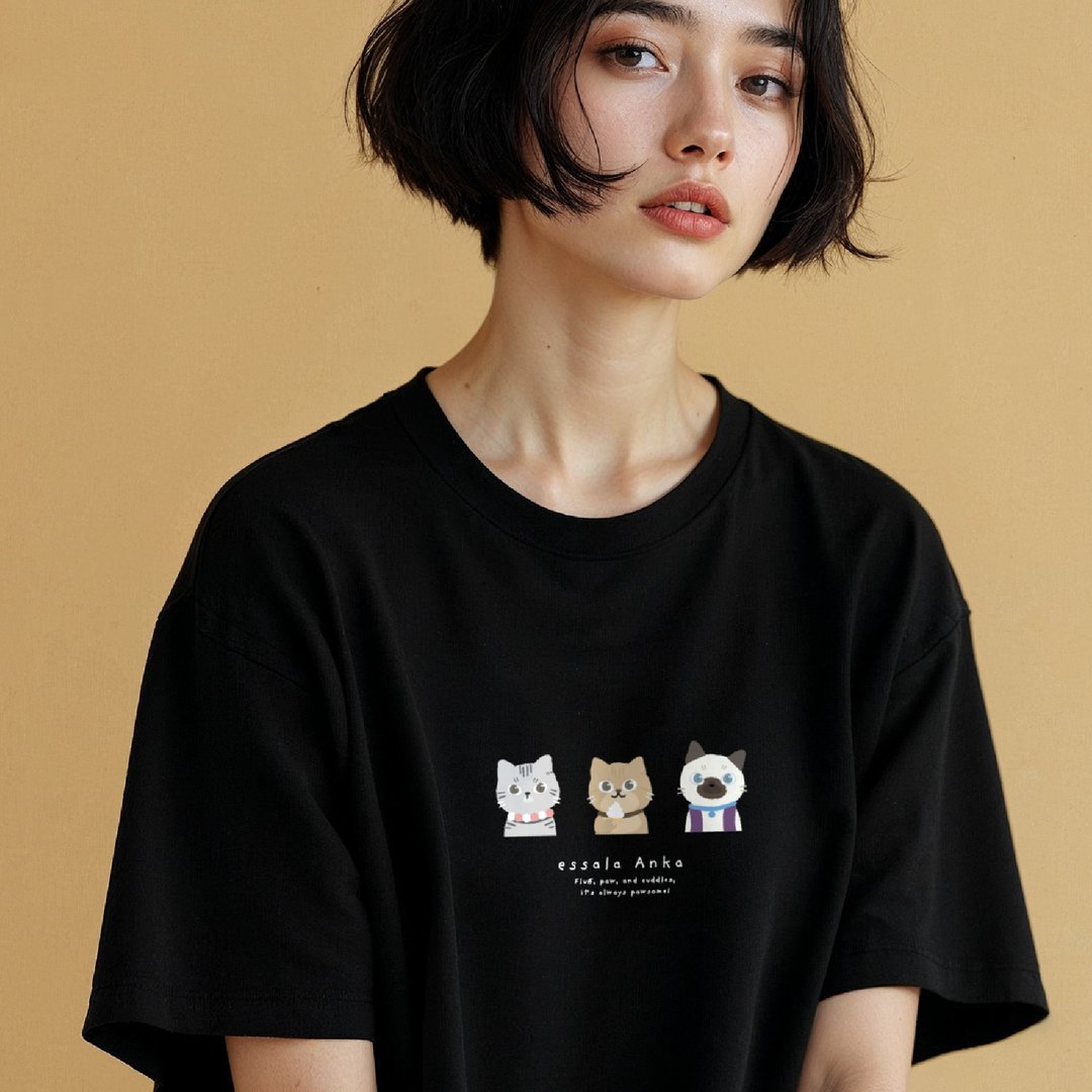 Essala T-Shirt 可爱猫咪图案T恤 - Anka04 - 女装 T 恤 - 棉 黑色