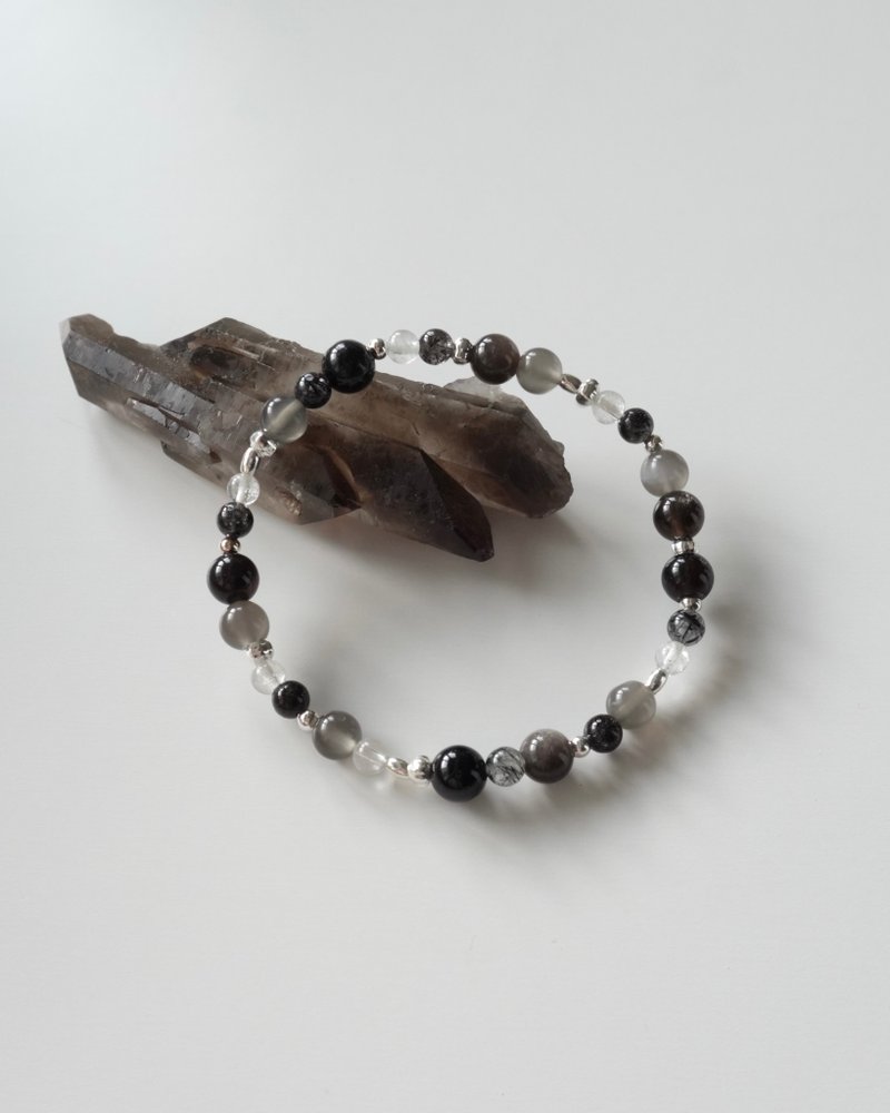 Ash Moon/黑碧玺 银曜石 黑月光石 黑发晶 白水晶/水晶手链 定制 - 手链/手环 - 水晶 黑色