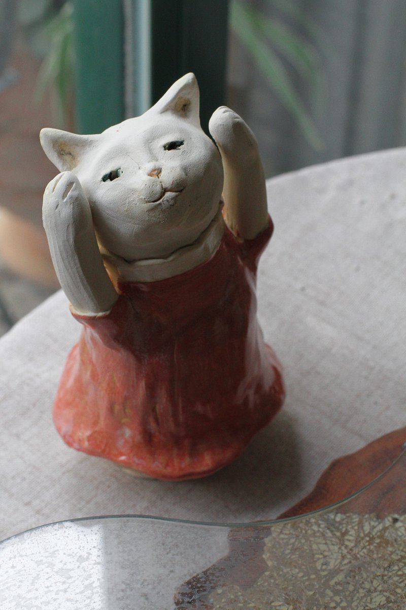 纯手捏跳舞的猫女孩陶瓷摆饰/陶偶 - 摆饰 - 陶 粉红色