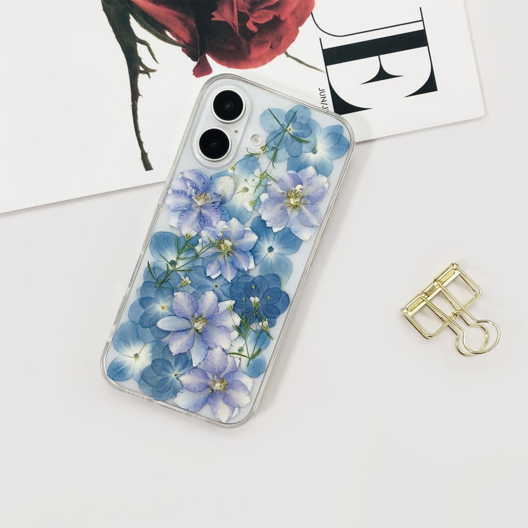 天然蓝色花押花手机壳 适用于iPhone 16 Pro Max Samsung S25 A35 - 手机壳/手机套 - 植物．花 