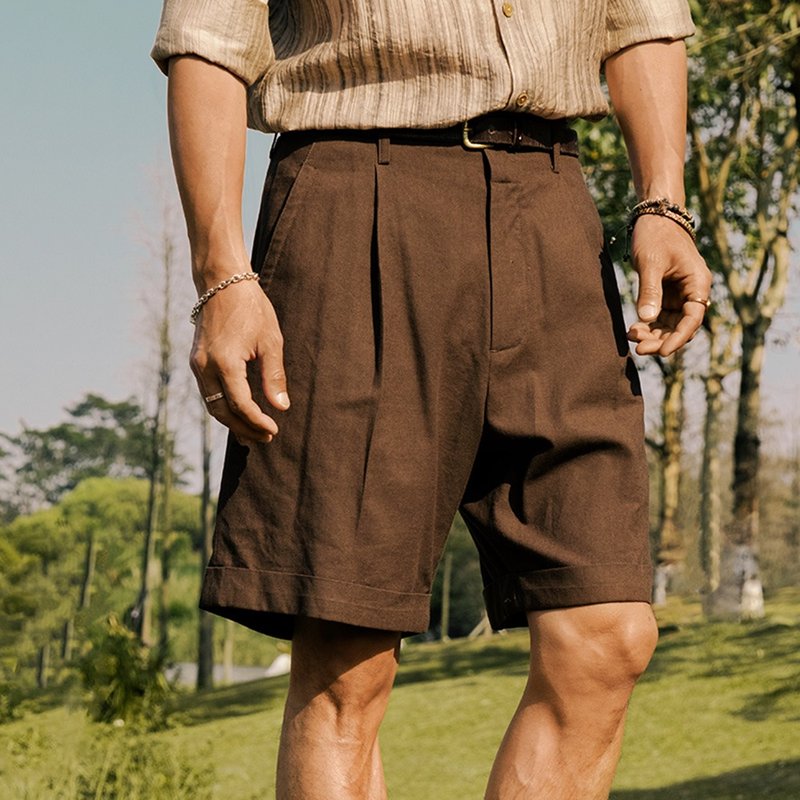 SOARIN美式复古凉感亚麻休闲短裤(2529F215) - 男士短裤 - 棉．麻 咖啡色
