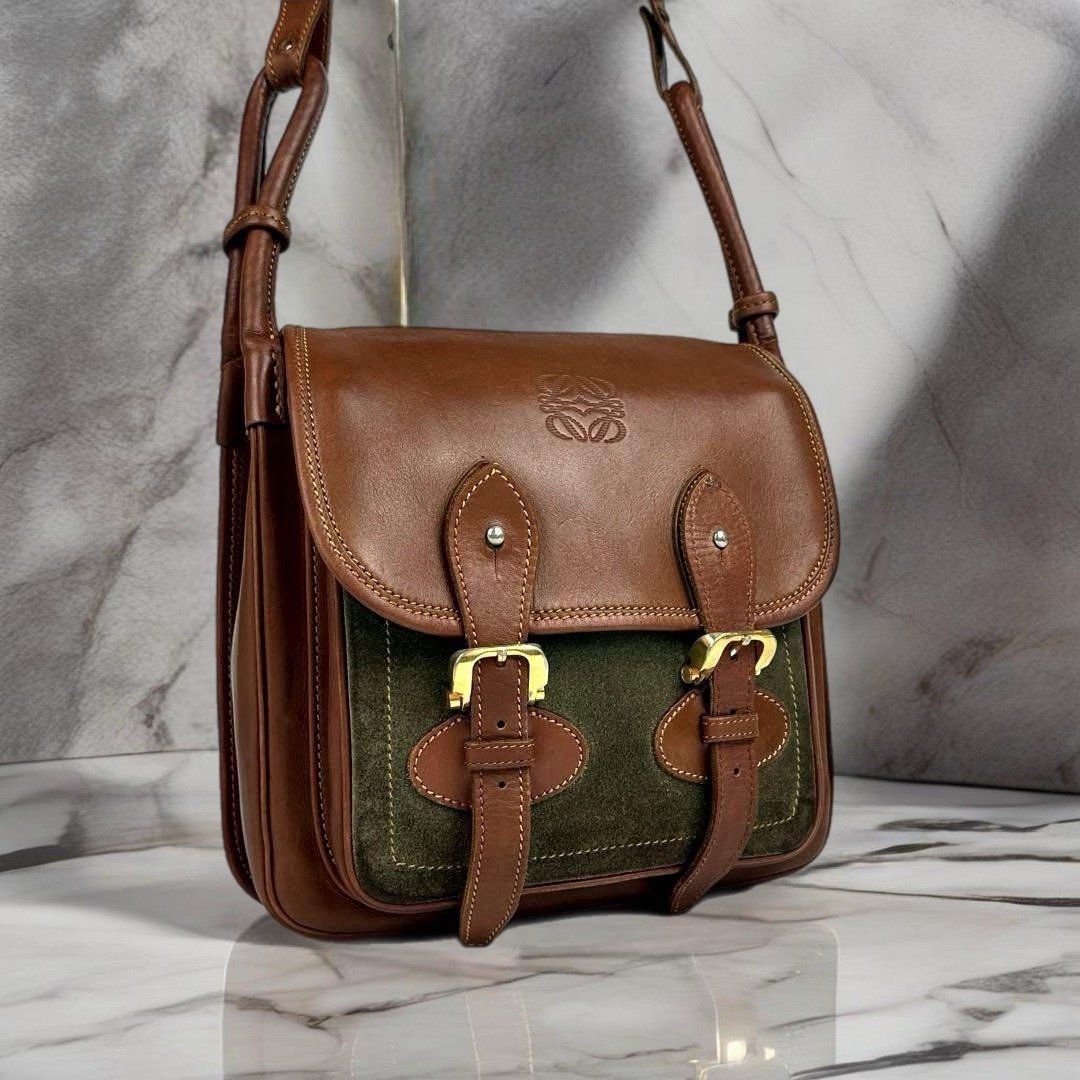 绝版古董包 Loewe 拼色豆腐包侧背包 斜孭包 中古包 皮革包 单肩包 - 侧背包/斜挎包 - 真皮 咖啡色