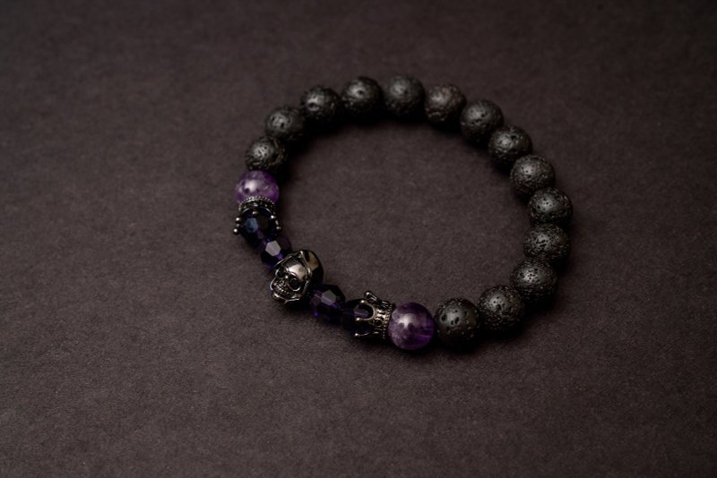 (天然石水晶手链)(骷髅头系列手链)火山岩x梦幻紫晶手链 - 手链/手环 - 水晶 黑色