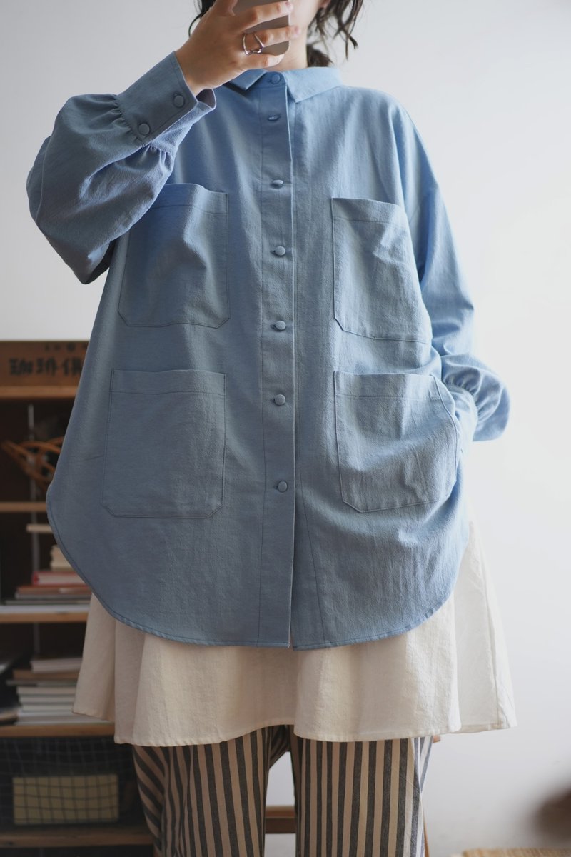 薄雾蓝宽版工装衬衫 - 女装衬衫 - 棉．麻 蓝色
