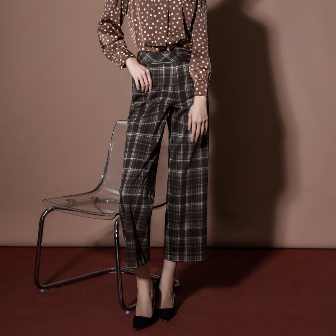 【MEDUSA】棕色苏格兰格纹直筒宽裤(M-XL) | 女休闲长裤 女长裤 - 女装长裤 - 其他人造纤维 咖啡色