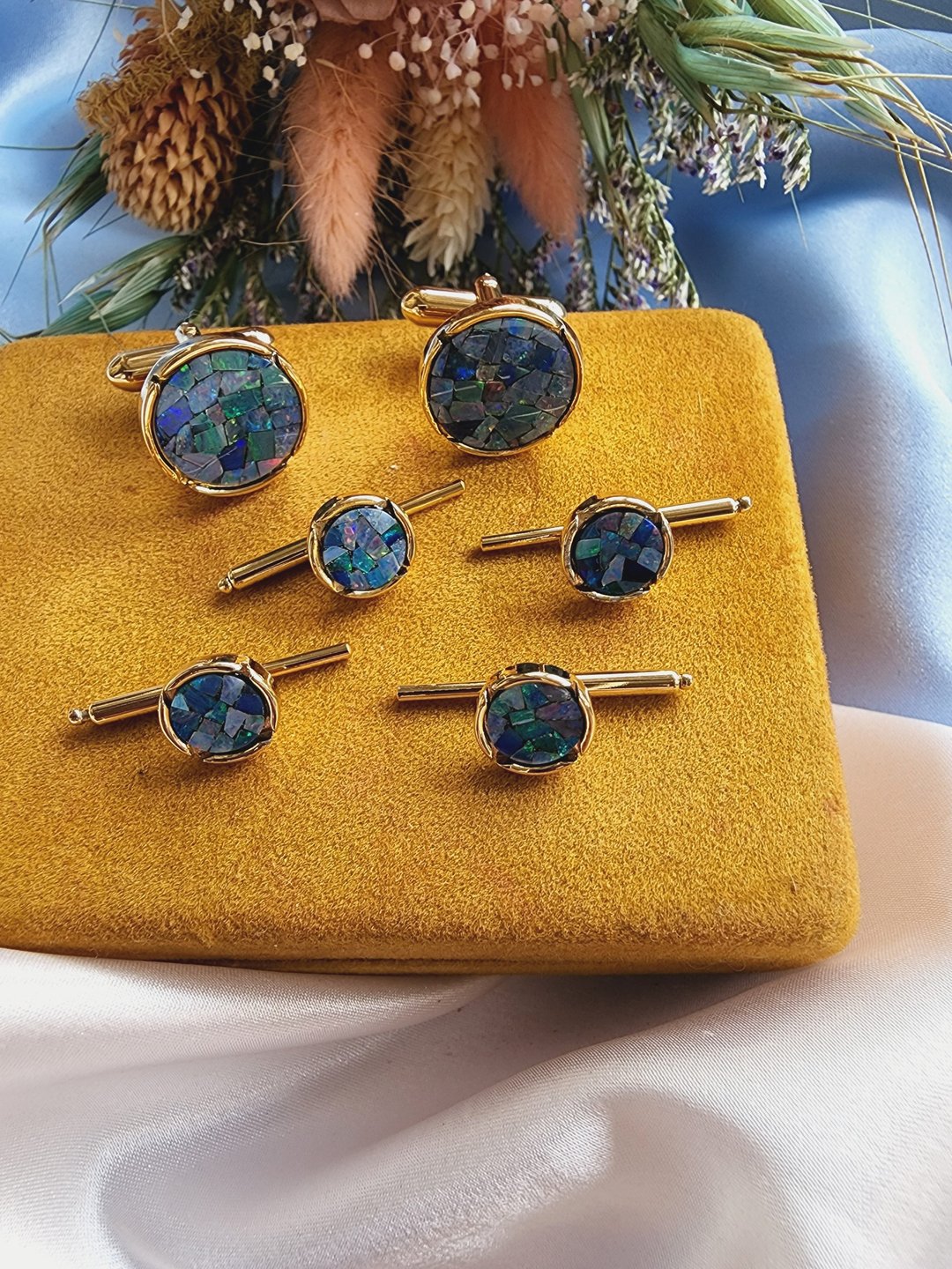 美国西洋古董饰品 / 孔雀蓝火光马赛克裂纹古董袖扣Cufflinks - 袖扣 - 其他材质 