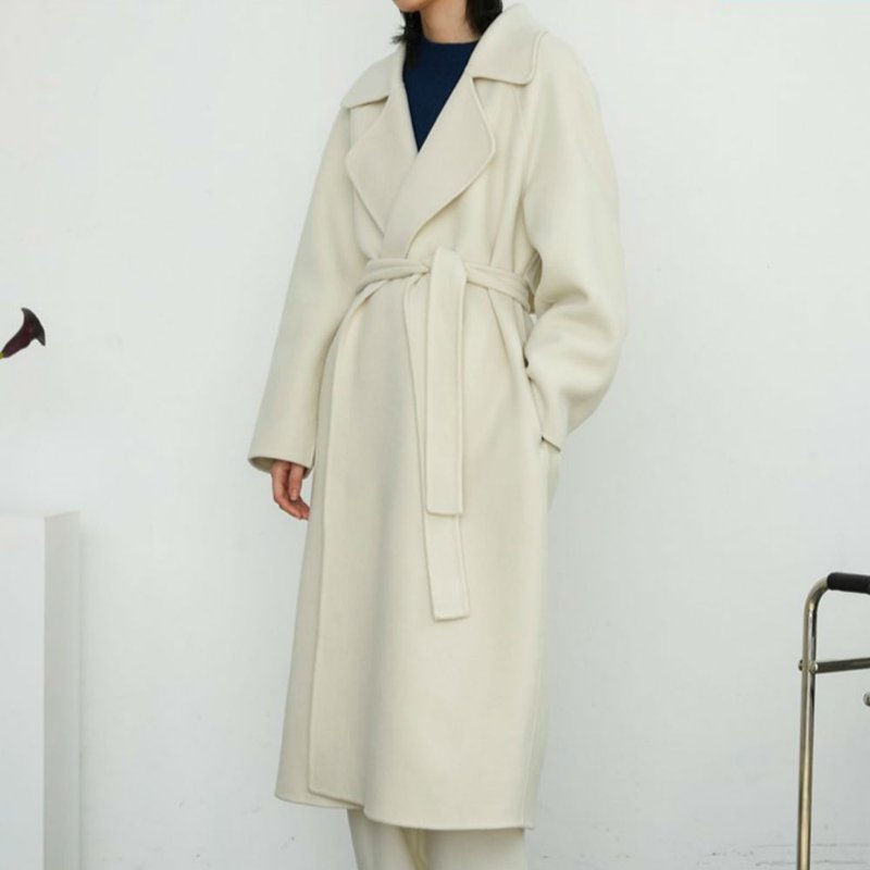 潇洒纯白色 重磅无限衣领系带大衣 双面100%羊毛手工大衣 不退换 - 女装休闲/机能外套 - 羊毛 白色