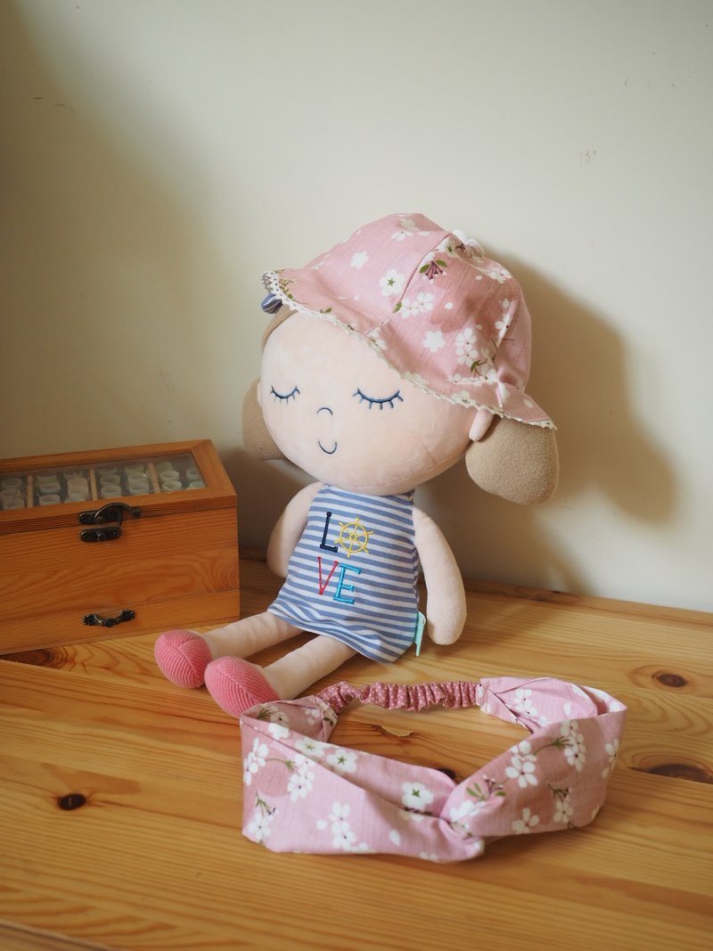 手作双面粉红樱花帽子及成人弹性发带礼物套装 - 满月礼盒 - 棉．麻 粉红色