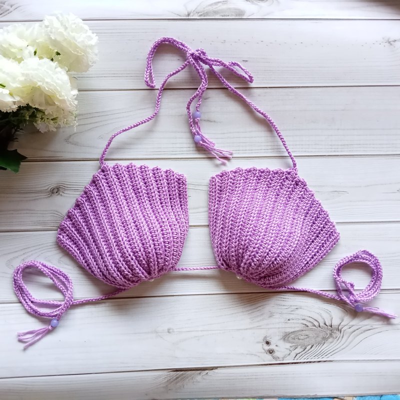 Crochet Seashell Sexy Bikini Tops Tie Neck Tie Back Handmade - 女装上衣 - 压克力 紫色