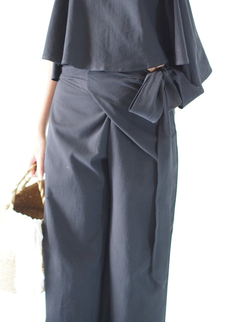 ByTheSea Front Tie Pants - Black - 男士长裤 - 棉．麻 黑色