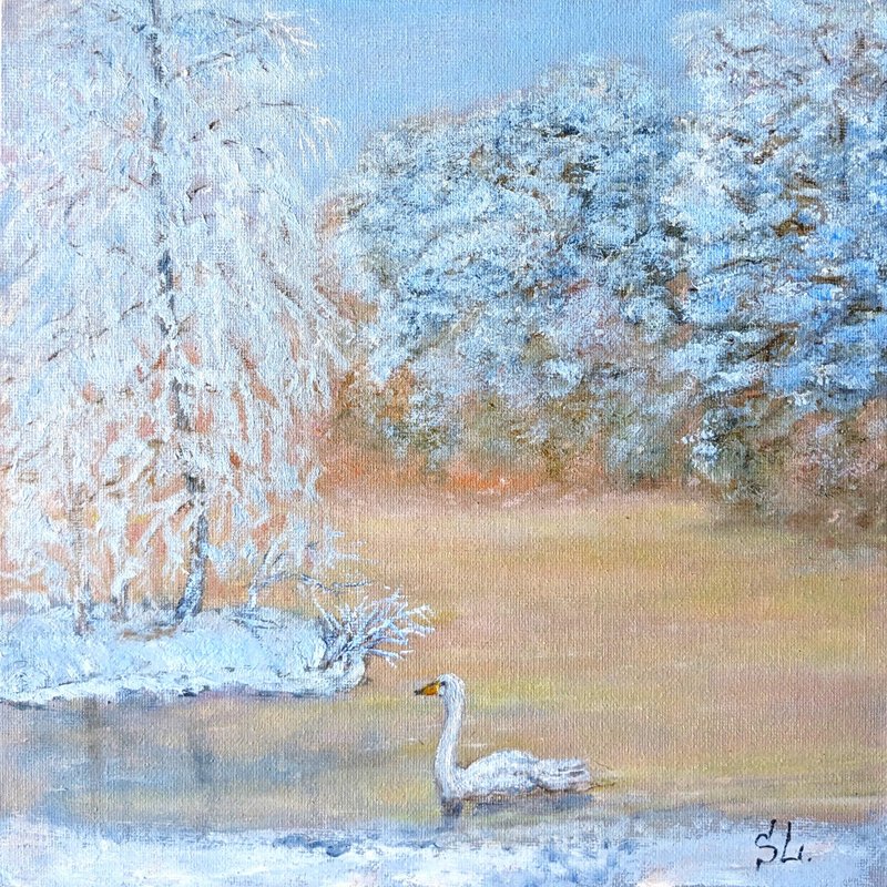 冬季风景手工油画墙艺术天鹅河雀日出粉红色的天空 - 订制画像 - 其他材质 粉红色