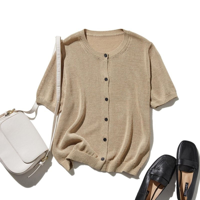 随性披上，即刻提升质感！和纸材质针织开襟衫 短袖针织衫 深米色 250610-3 - 女装针织衫/毛衣 - 棉．麻 