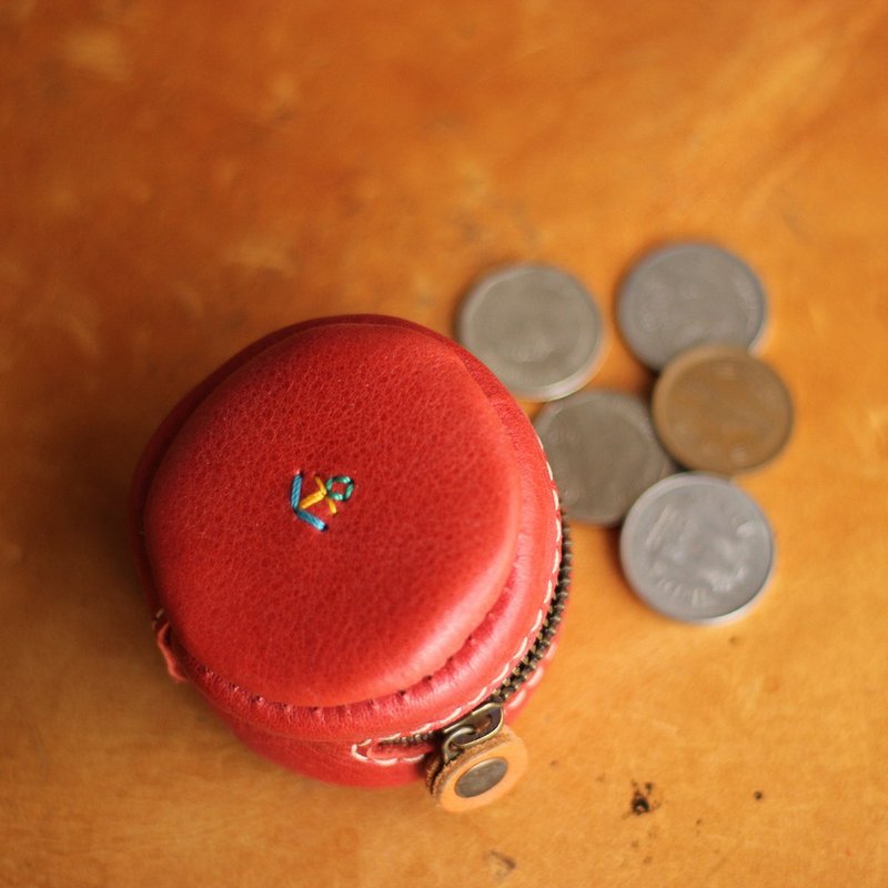 Macarona 大容量马卡龙造型零钱包 [6种皮革颜色 x 12种线色可选] 免费定制手工刺绣 / 日本制造 / 便携 / 迷你尺寸 / 可作为礼物 [g-14] - 零钱包 - 真皮 橘色