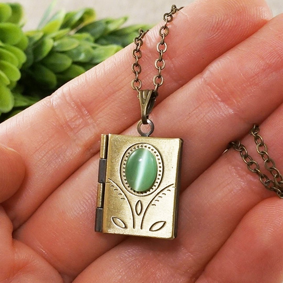 Mint Green Cat Eye Photo Locket Rectangle Book Pendant Necklace Woman Jewelry - 项链 - 半宝石 绿色