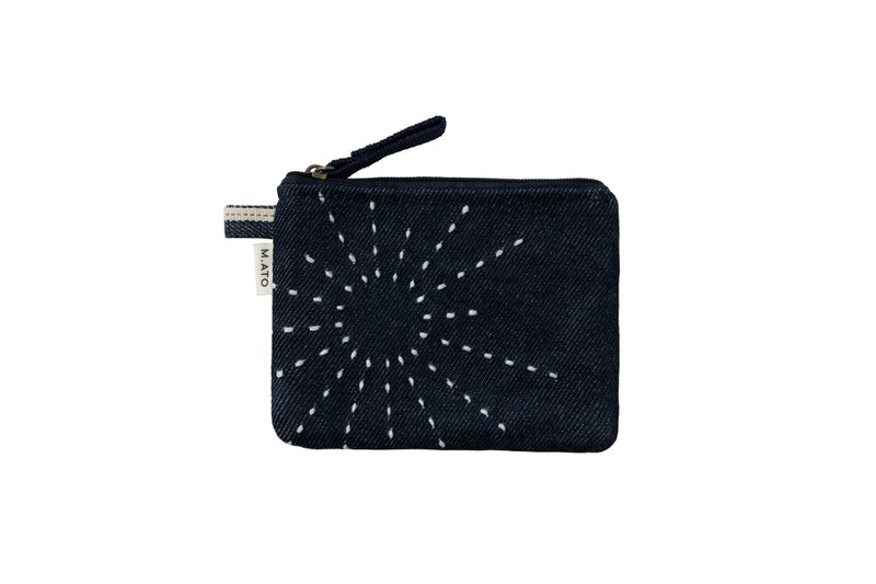 香港蓝染 牛仔布手工太阳刺绣零用钱包散纸包 日出日落 - 皮夹/钱包 - 棉．麻 蓝色