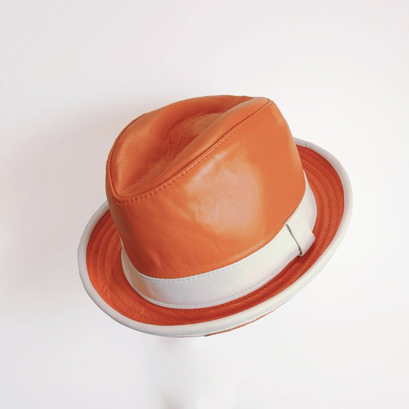 意大利橘红白边绅士帽 - 帽子 - 真皮 橘色