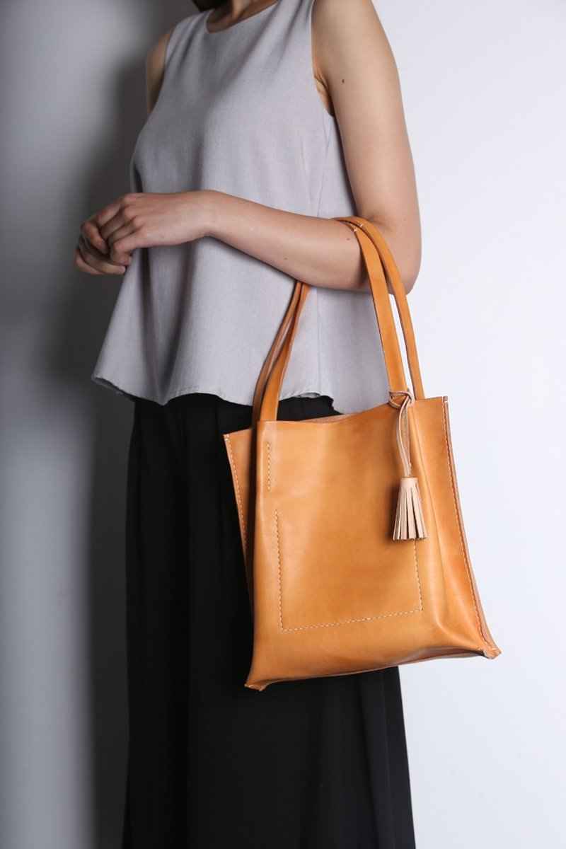 手工手缝简约皮革托特包-多色可选 - 手提包/手提袋 - 真皮 咖啡色