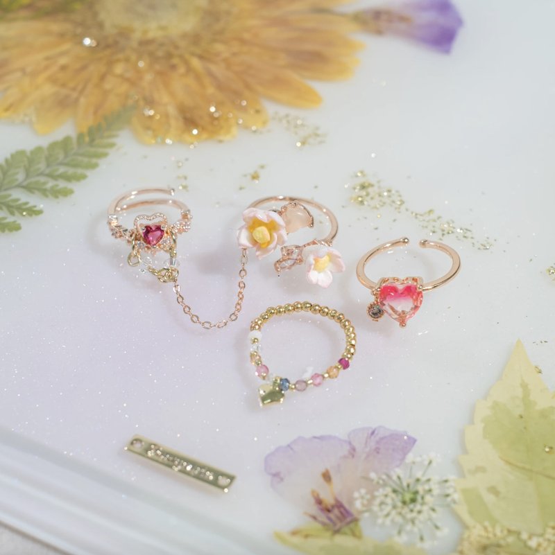 富贵莲渐变锆石爱心4件铜镀玫瑰金戒指套装 - 戒指 - 植物．花 粉红色