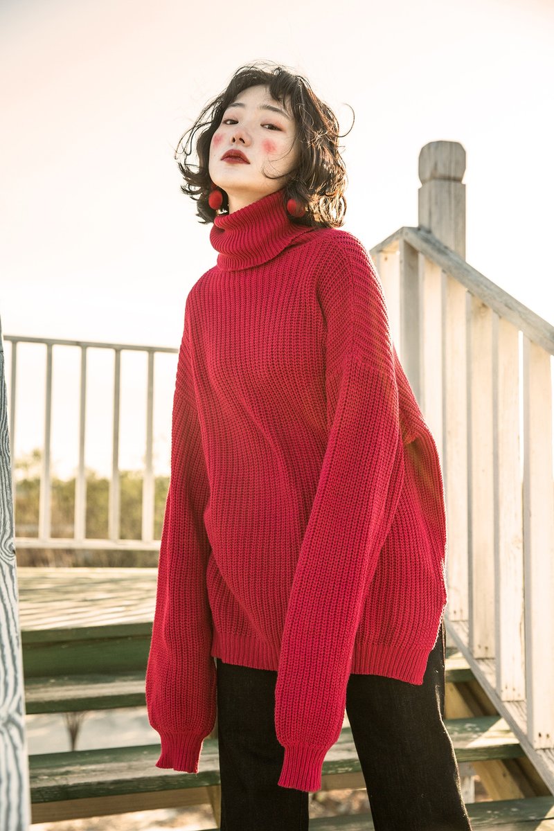原创设计高领粗针花纹圣诞元旦正红色oversize长款毛衣 - 女装针织衫/毛衣 - 纸 红色