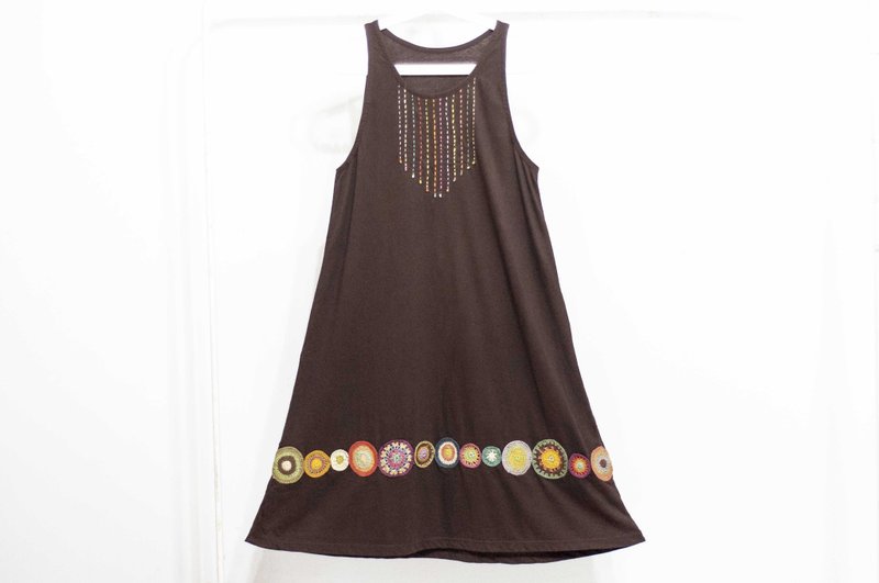 针织钩织纯棉洋装/民族风洋装/花朵洋装/手工刺绣洋装-彩虹圆点 - 洋装/连衣裙 - 棉．麻 咖啡色