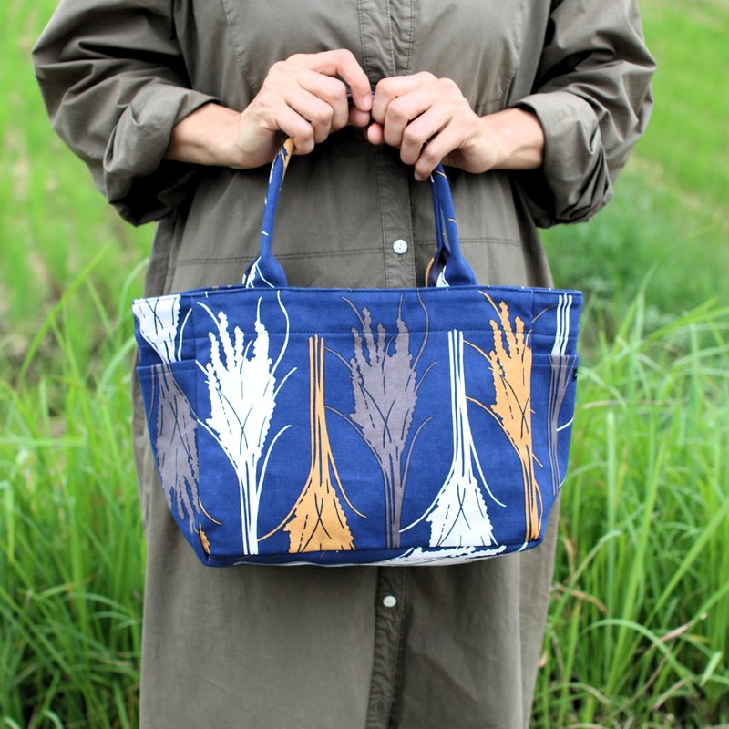托特包 侧袋S尺寸 稻穗 好吃 稻穗 海军蓝 - 手提包/手提袋 - 棉．麻 蓝色