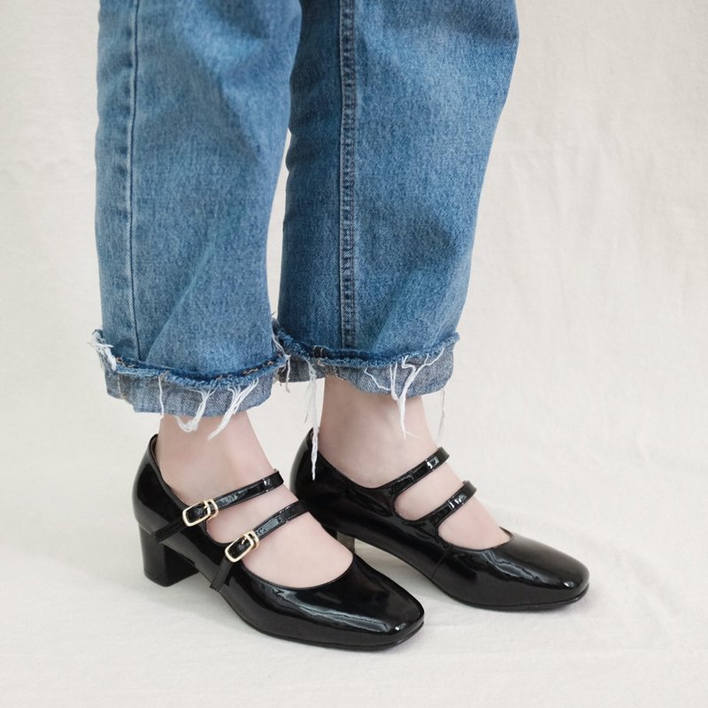 交叉两穿! 午茶俱乐部5cm玛莉珍 黑 全真皮 MIT -黑漆 - 高跟鞋 - 真皮 黑色