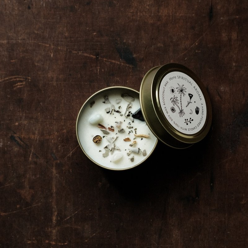 净化 治愈 | 水晶花草能量蜡烛罐 白鼠尾草 - 蜡烛/烛台 - 蜡 金色