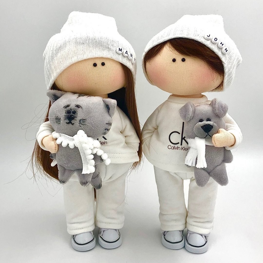 Cloth doll with cat, Doll boy with dog, Customized Gift, Christmas Gift Wrapping - 玩偶/公仔 - 其他材质 白色