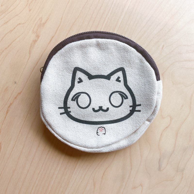 定制化手绘 | 猫咪脸脸圆形拉链包 | 猫手作 | 各种小物收纳 - 零钱包 - 棉．麻 白色