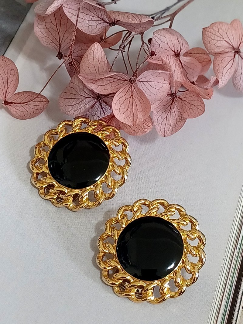 vintage jewelry  典雅华丽黑珐琅金结环 夹式耳环 - 耳环/耳夹 - 其他金属 