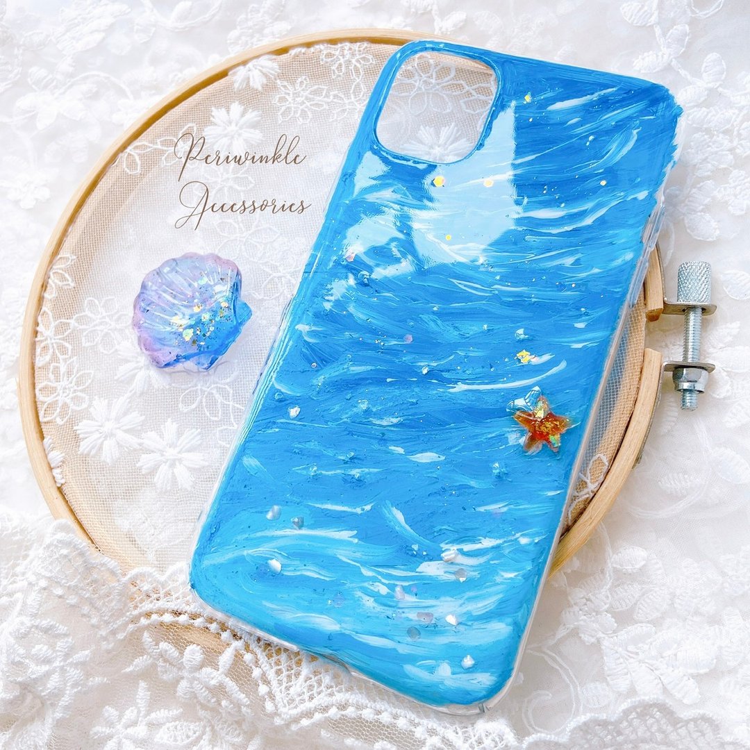 手绘海洋手机壳 iphone11 夏日 海星 浪花 疗愈 塑胶彩 画画 - 手机壳/手机套 - 塑料 蓝色