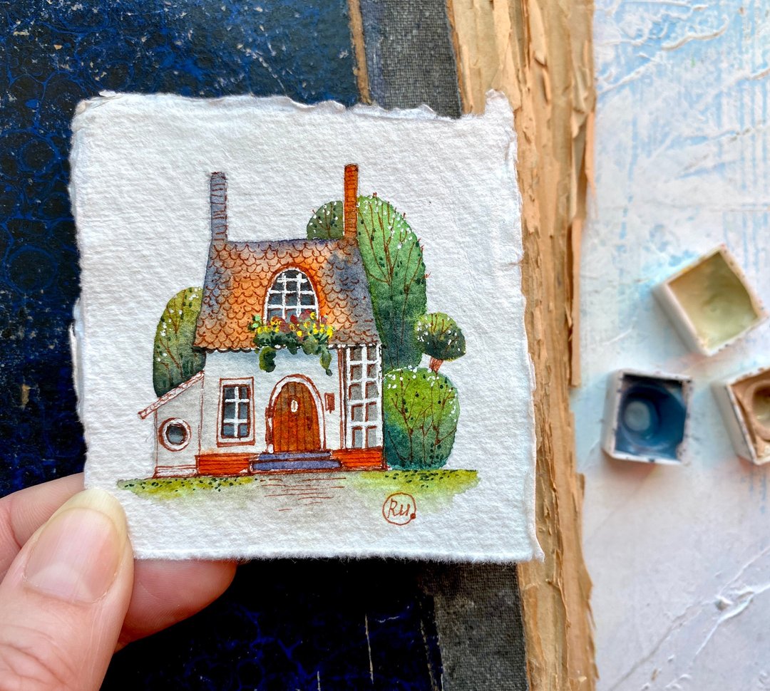 Tiny watercolor house Original painting Small art Mini wall art by Rubinova - 海报/装饰画/版画 - 纸 多色