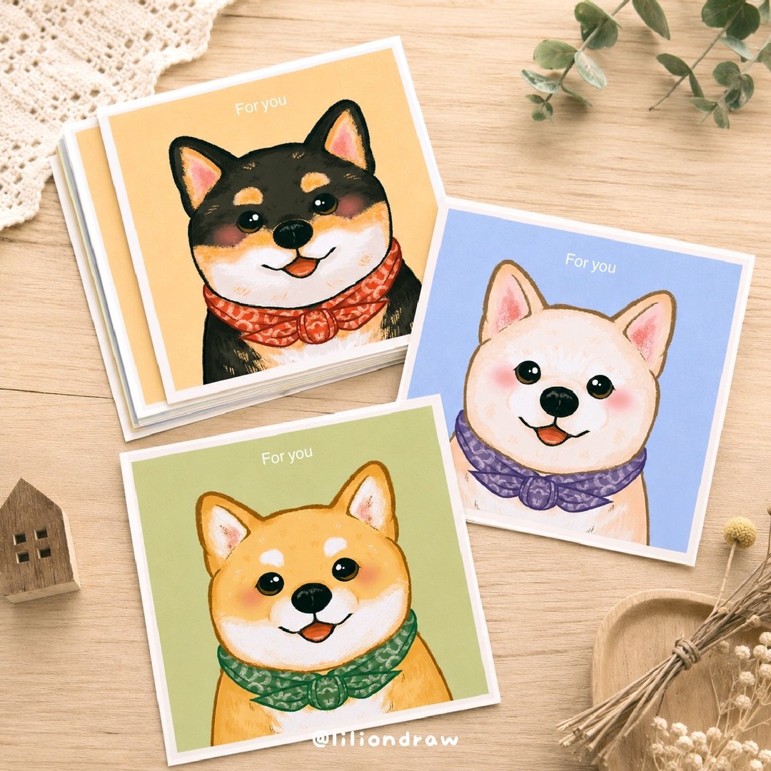 柴犬方卡 正方形明信片 10cm 卡片 柴柴 白柴 黑柴 原创插画 狗狗 - 卡片/明信片 - 纸 多色