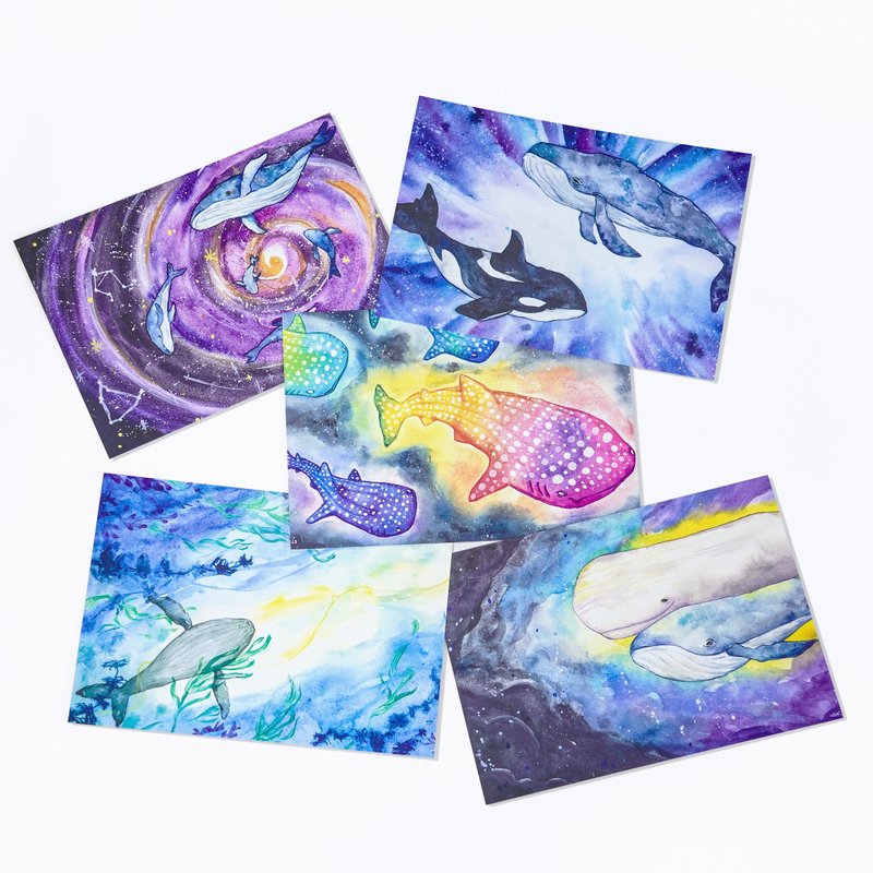 【鲸归何处】 水彩插画 明信片 一套五款 鲸鱼 鲸落 海洋 蓝色 - 卡片/明信片 - 纸 蓝色