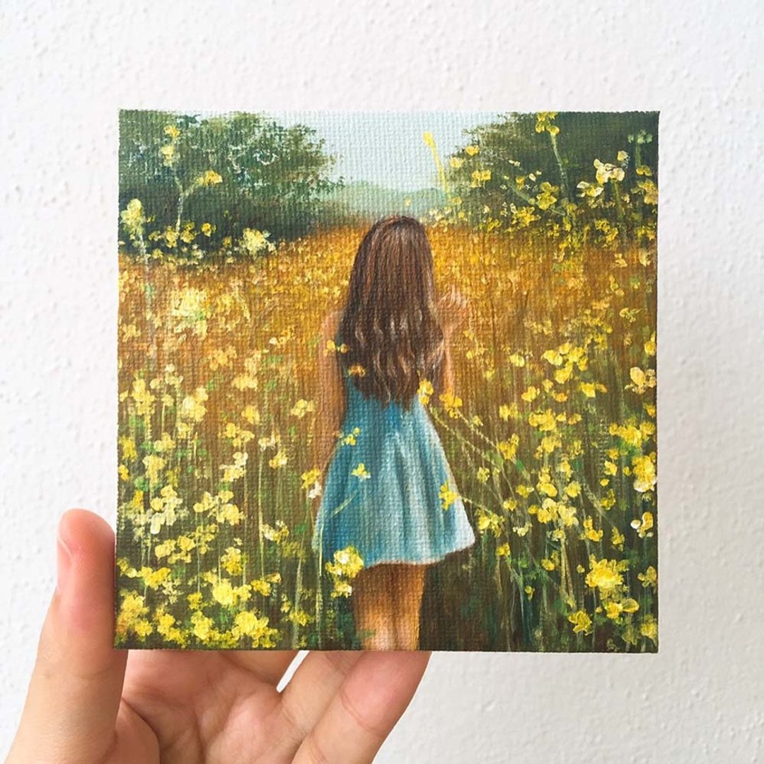 漫步油菜花田的少女小型油画。人物风景小型居家卧室装饰收藏。 - 海报/装饰画/版画 - 棉 