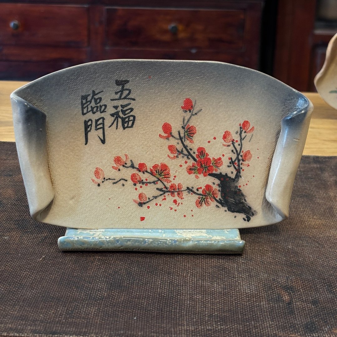 良时美器 手绘陶板名片架笔筒 五福临门中式陶瓷摆件 - 名片架/名片座 - 陶 橘色
