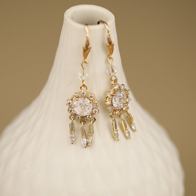 【如梦令】手作锆石捕梦网金色吊坠耳环 - 耳环/耳夹 - 铜/黄铜 金色