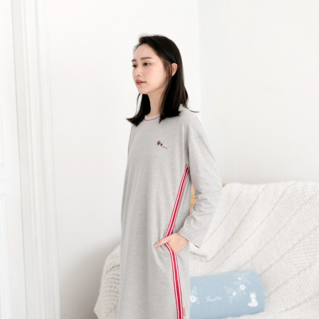 MIT有机棉织带圆领连身居家服-浅灰 - 居家服/睡衣 - 棉 灰色