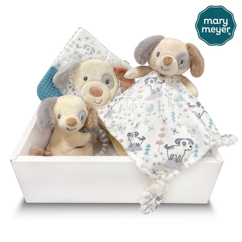 快速出货【MaryMeyer】调皮狗臻藏礼盒 (手摇铃+安抚巾+沙沙纸) - 满月礼盒 - 棉．麻 卡其色