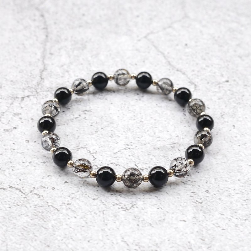 6MM 黑发晶 黑玛瑙 14KGF包金 天然石手链 I招财 I - 手链/手环 - 水晶 黑色