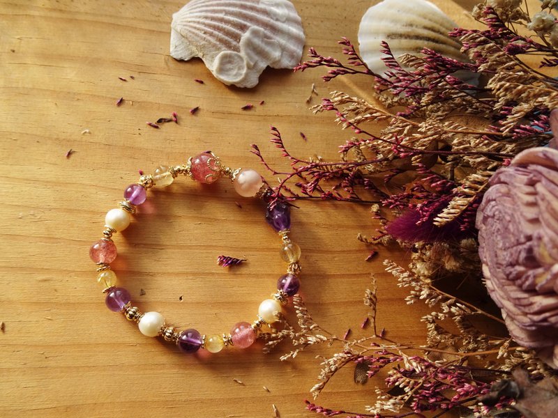 天然水晶 手链  三月瑶光 草莓晶  紫水晶  金发晶  樱花玛瑙 - 手链/手环 - 水晶 紫色