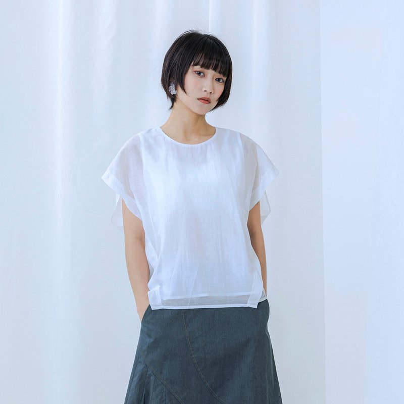 透肤盖袖宽上衣 - 女装上衣 - 棉．麻 白色