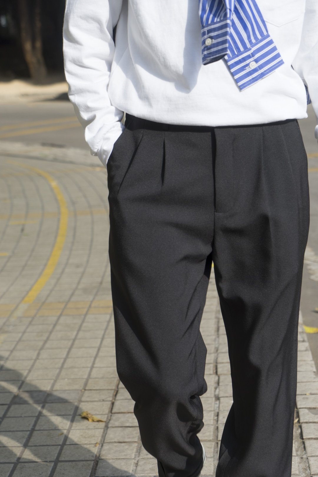 PANTS 日系搭配 双褶宽松直筒西裤 黑色垂坠感长裤 休闲裤 - 男士长裤 - 聚酯纤维 黑色